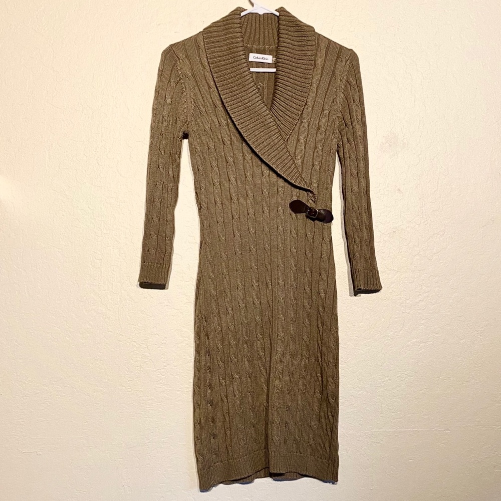 Calvin Klein Tan Knit Sweater Dress with Buckle